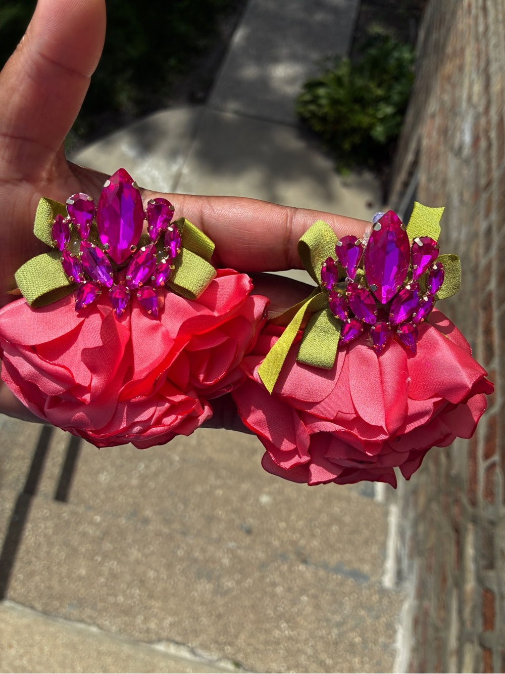 Bold Pink Floral Statement Earrings with Fuchsia Gems